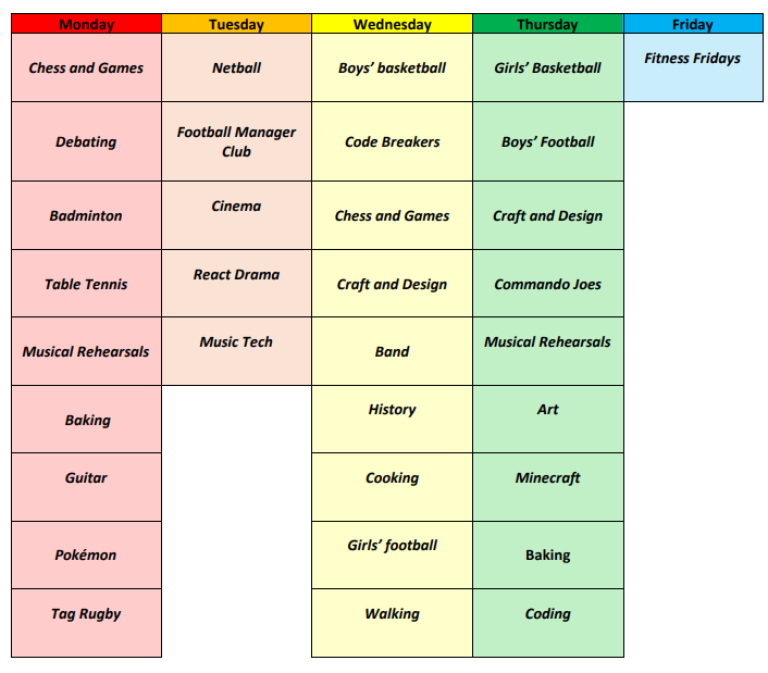 Clubs Timetable Autumn 2024